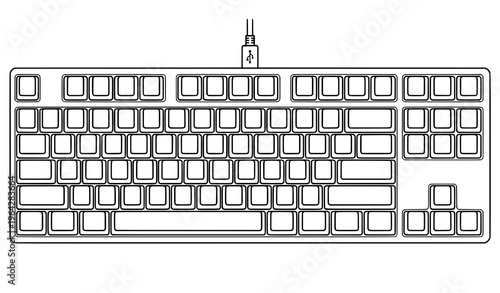TKL gaming mechanical keyboard line icon tenkeyless compact keyboard black and white vector illustration