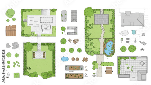 Vector CAD design style elements for landscaping and garden planning