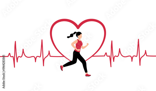 Healthy heart woman running with a cardiogram. Running, cardio, exercise, healthy heart, fitness, wellness concept.