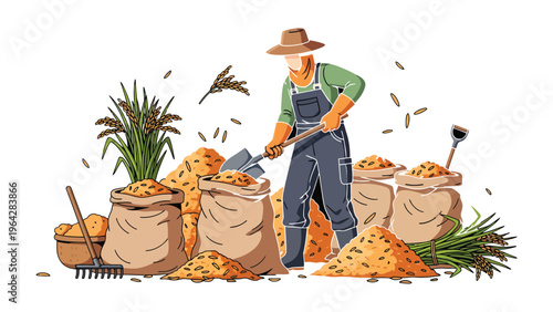 The Harvest Artisan: A skilled worker meticulously shovels freshly harvested grains into sacks, surrounded by piles of the golden bounty. This image symbolizes the essence of hard work, abundance.