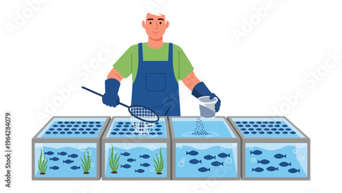 Aquarium Maintenance: A dedicated individual meticulously cares for a series of aquariums, demonstrating the vital practice of nurturing aquatic life in a controlled setting.