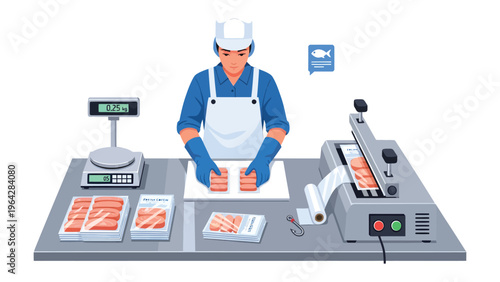 Seafood Processing: A dedicated food industry worker meticulously handles fresh seafood at a processing facility, showcasing the precision and care involved in preparing high-quality products.