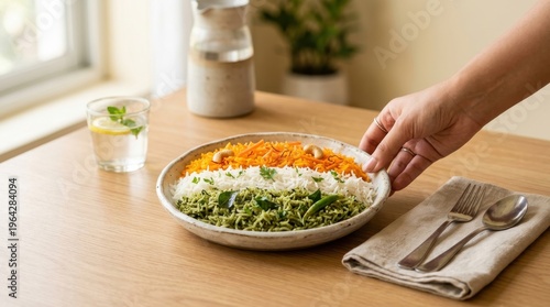 Hand serving colorful quinoa salad with fresh herbs on wooden table