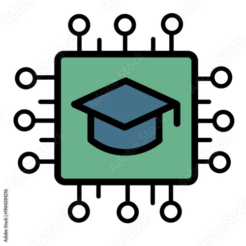 Digital Education Technology Vector Concept - Graduation Cap on Microchip Icon for EdTech, Online Learning, and AI Education in Flat Design Style