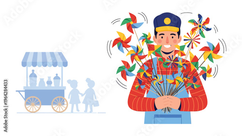 Joyful Pinwheel Vendor: A friendly vendor joyfully displays colorful pinwheels, while a refreshment cart and playful children create a lively and joyful scene.