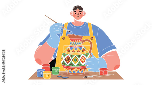 Artisan Crafting: An artisan, engrossed in their craft, meticulously paints intricate designs onto a ceramic vase, a vibrant display of artistry and skillful craftsmanship.