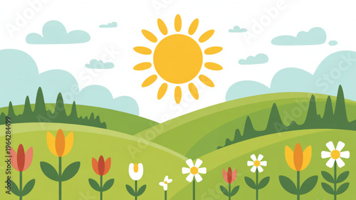 Sunny spring landscape with blooming flowers and rolling green hills flat vector illustration for nature and seasonal concepts