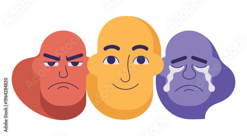 Various emotions and facial expressions of one person, psychological concept vector illustration with different moods, human reactions, emotional spectrum and personality expression in simple style.