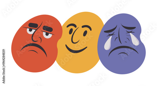 Various emotions and facial expressions of one person, psychological concept vector illustration with different moods, human reactions, emotional spectrum and personality expression in simple style.