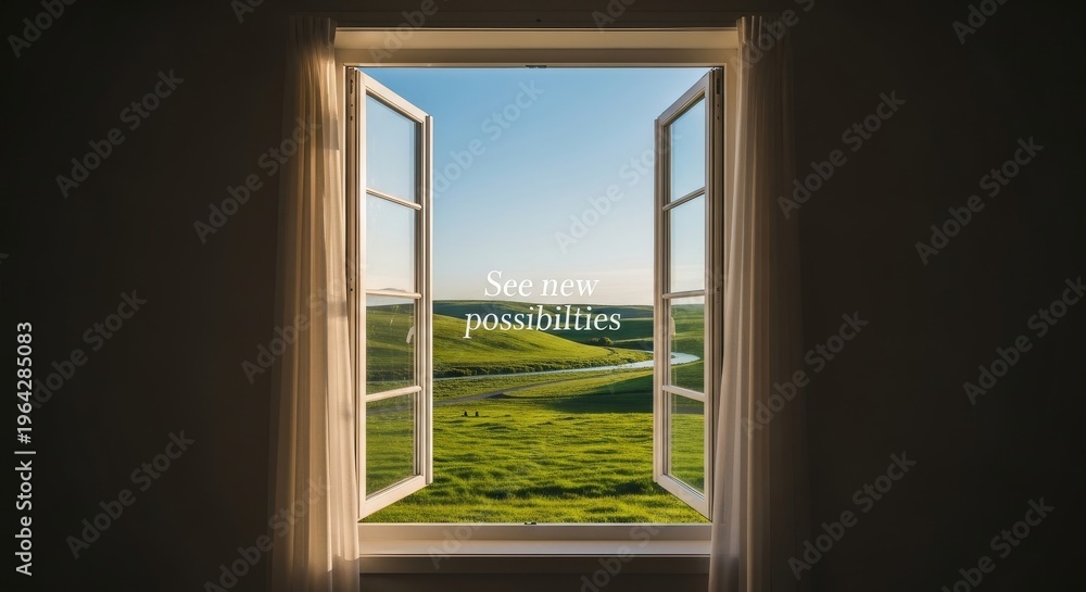 Fototapeta premium Open Window Revealing Scenic Landscape and Blue Sky