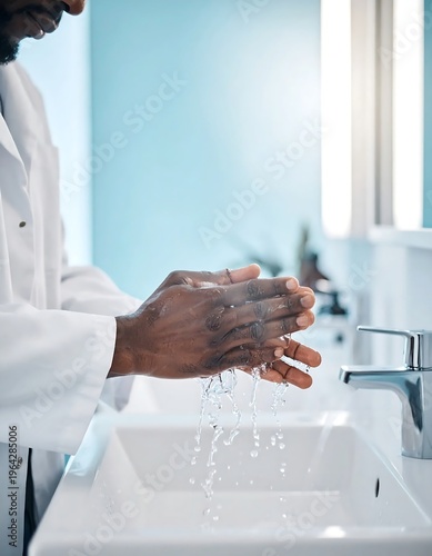 Doctor washing hands thoroughly in a hospital sink.