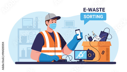 E-waste Sorting: A masked worker carefully sorts through discarded electronic devices, highlighting the importance of responsible recycling and waste management.