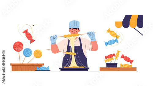 Sweet Craft: A candy artisan meticulously crafts delectable treats, swirling golden sugar into artistic forms and preparing an assortment of colorful candies