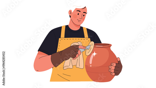 Potter at Work: A skilled artisan, engrossed in his craft, meticulously polishes a handcrafted clay pot, a testament to his expertise.
