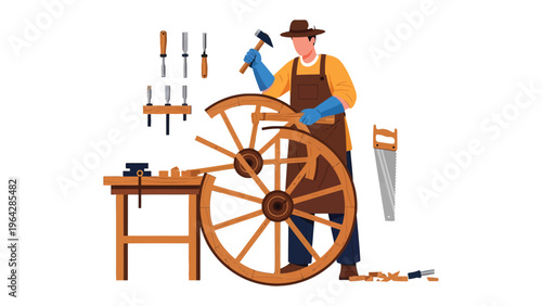 Crafting Wheels: A skilled artisan meticulously works on a wooden wheel, embodying the artistry and precision of traditional craftsmanship and carpentry.