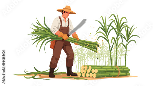Sugarcane Harvest: A worker is harvesting sugarcane, carefully cutting stalks with a machete amidst a field of green sugarcane plants, a scene of agricultural work and manual labor.