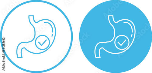 Stomach Health Check Icon Set with Digestive System Symbol and Approval Tick in Modern Line Style for Medical, Healthcare, and Wellness Design