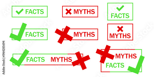 Facts and Myths checkbox icons set with checkmarks and crosses. Vector illustration