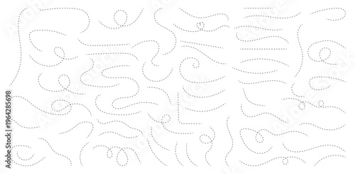 Large collection of hand drawn curve dotted line, spiral dotted line hand drawn, dotted lines path on white background. Path travel dotted line trip dashed trace destination track plan and travelling 
