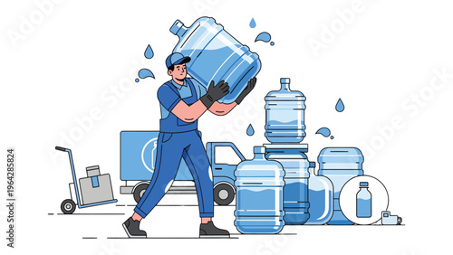 Water Delivery Professional: A delivery professional skillfully lifts a large water bottle, surrounded by others, symbolizing hydration and service. 