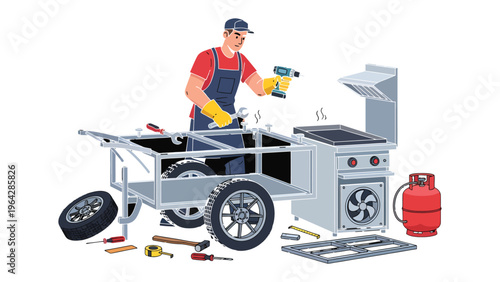 Grill Cart Assembly: An illustrative depiction showcases a dedicated worker meticulously assembling a mobile grill cart. He's surrounded by parts, tools, and equipment.