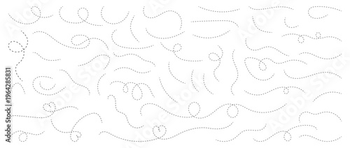 Large collection of hand drawn curve dotted line, spiral dotted line hand drawn, dotted lines path on white background. Path travel dotted line trip dashed trace destination track plan and travelling 
