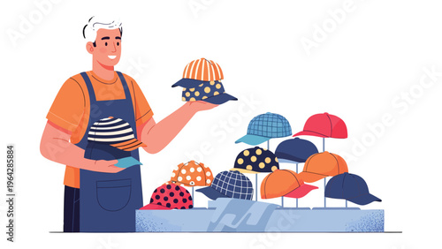 Artisan Hat Display: A skilled artisan, presents an array of stylish, meticulously crafted hats in vibrant hues, showcasing their artistry and creativity.