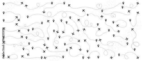 Airplane Flight Routes with Location Pins and Dashed Travel Path. Airplane Flight Route Dotted Line. Travel Journey Concept with Airplane Routes and Location Pin Icons. vector illustration.