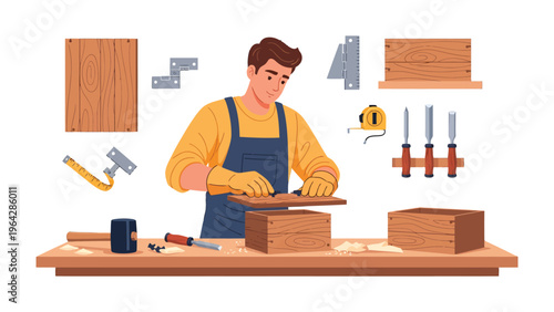 Crafting Precision: A skilled artisan, engulfed in the process of woodworking, skillfully manipulates tools to construct wooden objects, turning simple materials into art.