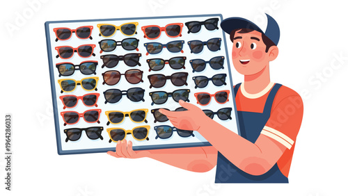 Sunglasses Selection: A vibrant illustration depicts a friendly individual showcasing a wide array of sunglasses, inviting viewers to explore various styles and protection options.