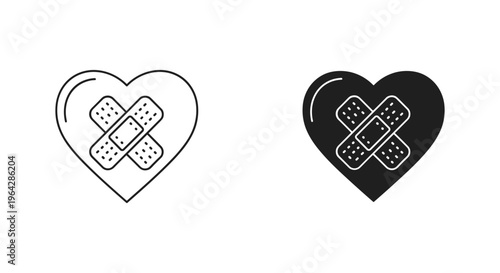 Heart with adhesive bandage icons, broken heart healing concept vector, medical plaster on heart shape for emotional recovery and healthcare