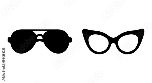 Black sunglasses and cat-eye glasses icons, minimalist eyewear vector set, stylish aviator sun shades and retro optical frames for fashion design