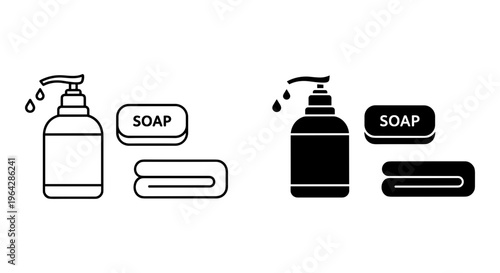 Minimalist liquid soap dispenser and bar soap icons, bathroom hygiene accessories set, black and white line art and silhouette vector graphics