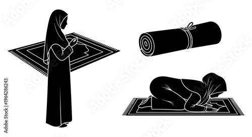 Muslim woman praying silhouette vector set, Islamic prayer positions on rug, black and white religious icons for Ramadan and Eid
