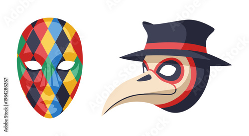 Venetian carnival masks set, colorful harlequin diamond pattern mask and plague doctor beak mask with hat, traditional Italian masquerade vector