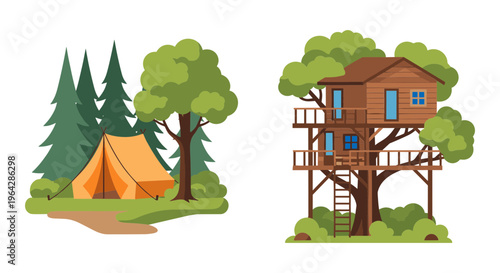 Outdoor camping vector set, orange tent in pine forest, wooden treehouse with ladder and balcony, nature adventure illustrations