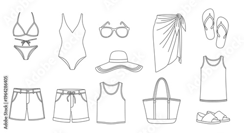 Collection of beachwear and accessories.