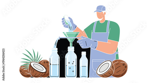 Coconut Water Production: Witness the artisanal process of extracting and bottling pure coconut water, with a skilled individual carefully filtering the refreshing liquid.