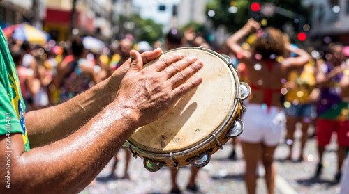 pandeiro tambourine hands carnival street parade percussion samba music culture traditional heritage rhythm festival vibrant outdoor festive closeup celebration costume confetti dancer joy