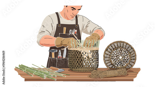 Crafting Serenity: A craftsman delicately weaving natural materials, transforming raw elements into intricate pieces of artistry and purposeful design. 
