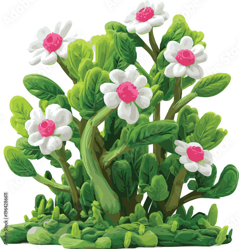 Generate on Set of garden bushes made of plasticine. Natural landscape design elements made of plasticine. White flowers and fuchsia center. Garden bush clay of on white background.
