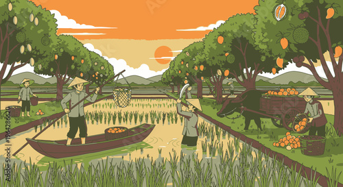 Farmers working in rice field water.