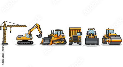Heavy construction equipment vehicles line up.