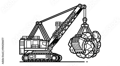 Heavy machinery excavator lifting scrap metal.