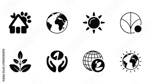 Organic icons set: house with paw print, earth, sun, plant, hands, conservation symbols, eco design elements, animal welfare