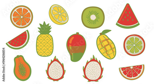 Variety of colorful fruit slices.