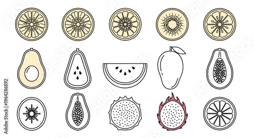 Variety of fruit icons and slices.