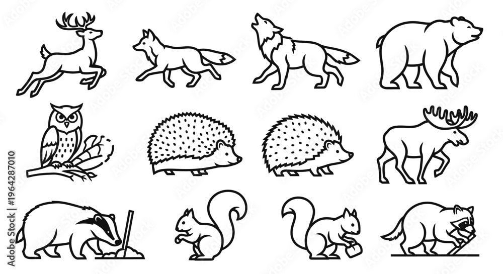 Obraz premium Various forest animals in simple line drawings.
