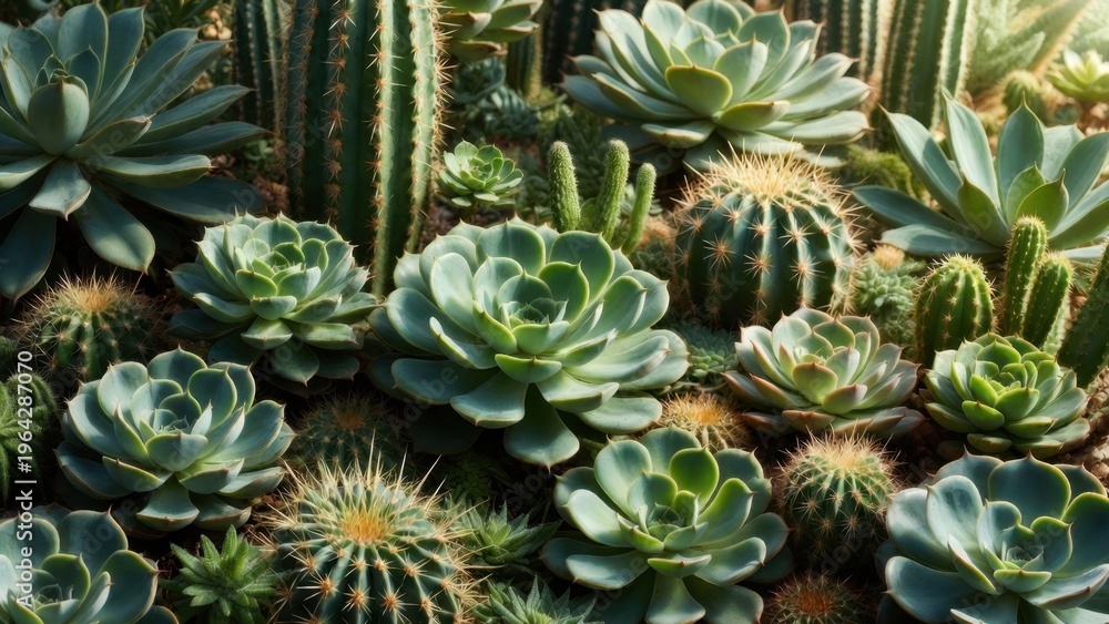 Fototapeta premium Sunlit succulents and cacti grow together in a vibrant garden