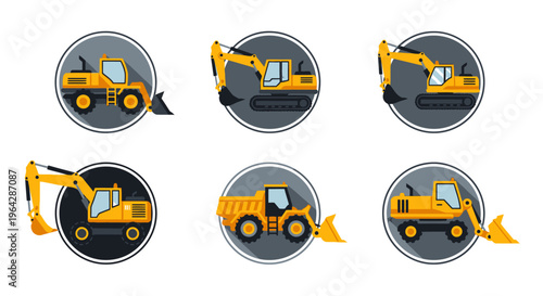 Yellow construction excavator loader icons set.